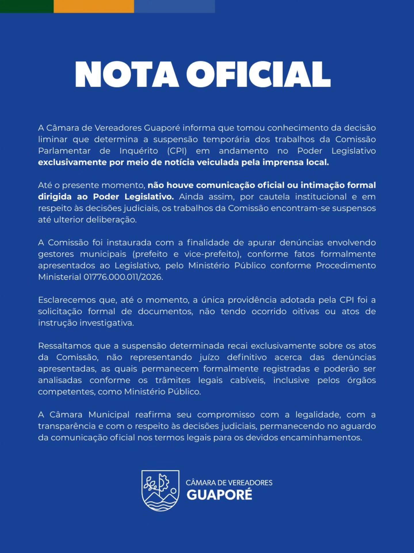 CPI | Nota Oficial - Câmara de Vereadores de Guaporé/RS